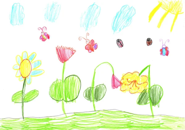 Niño Dibujo Mariposa Flores —  Fotos de Stock