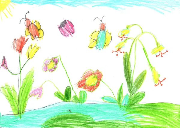 Bambino Disegno Farfalla Fiori — Foto Stock