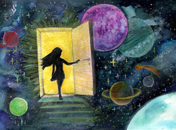 Das Mädchen Öffnet Die Tür Zum Universum Die Menschheit Träumt — Stockfoto