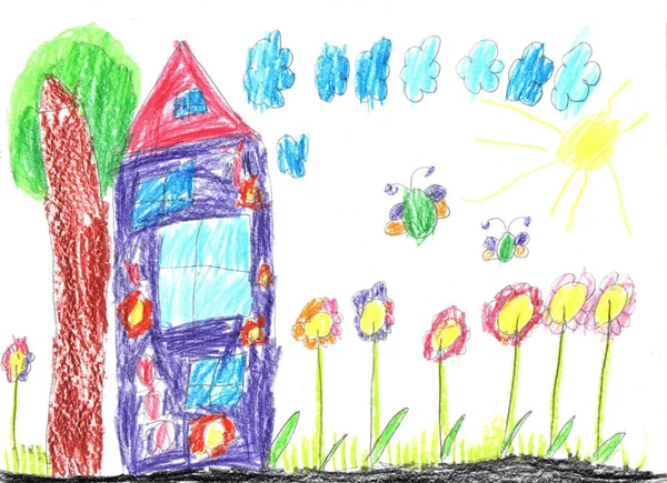 Kinderzeichnung Eines Landhauses Bleistiftkunst Kindischen Stil — Stockfoto
