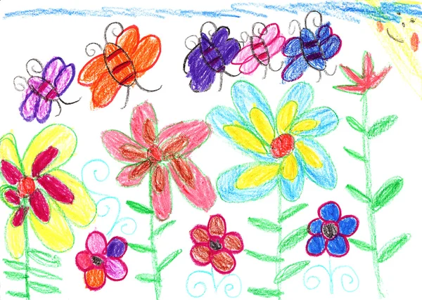 Child's drawing bees and flowers nature — Stock Photo, Image