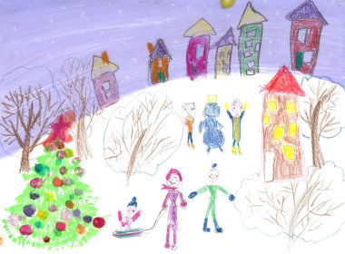 Sulu Boya çocuklar kış sleigh ride çizim