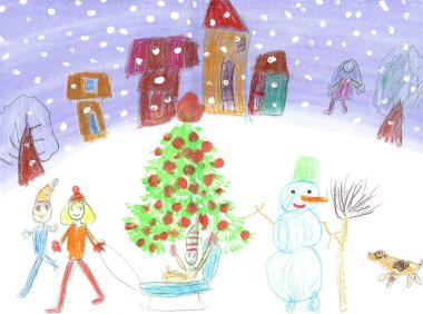 Sulu Boya çocuklar kış sleigh ride çizim