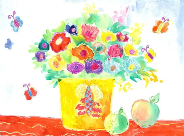 Aquarell Kinder malen Blumen — Stockfoto