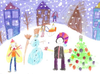 Sulu Boya çocuklar kış sleigh ride çizim