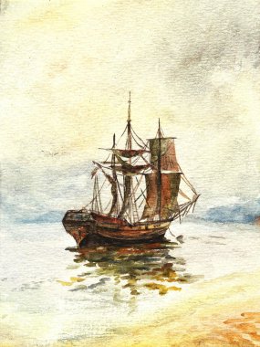 Watercolor old ship clipart