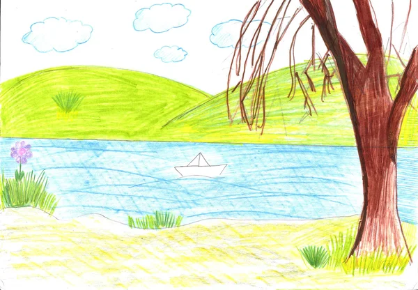 Child drawing of the paper boat — Stock Photo, Image