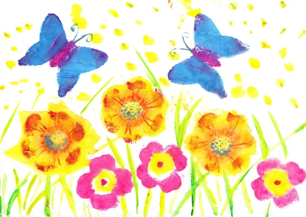 Dieses Kunstwerk Schmetterling Batik. Kind zeichnet Aquarellblumen, — Stockfoto