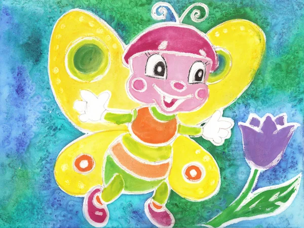 Gyerekek rajz vicces pillangó batikolt akvarell — Stock Fotó