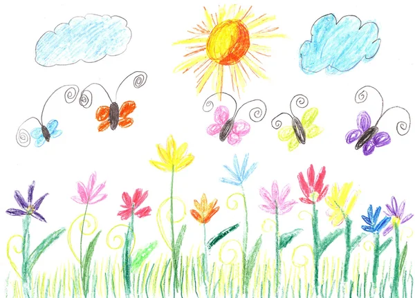 Bambino disegno farfalla e fiori natura — Foto Stock