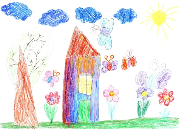 Παιδί σχέδιο ενός σπιτιού — Φωτογραφία Αρχείου