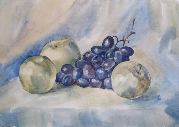 Stillleben mit Apfel und Trauben - Aquarell — Stockfoto