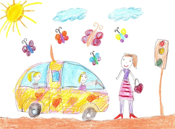 Children drawing car trip — Stock Photo, Image