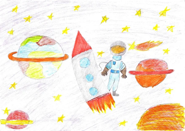 Children drawing space planet rocket — Stock Photo, Image