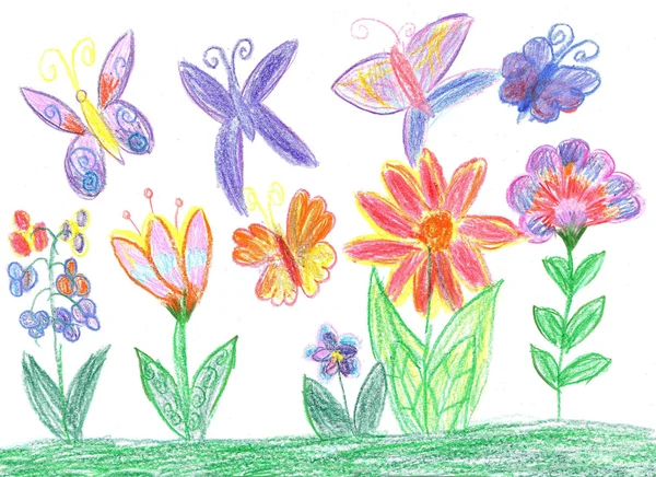 Niño dibujo mariposa y flores naturaleza —  Fotos de Stock