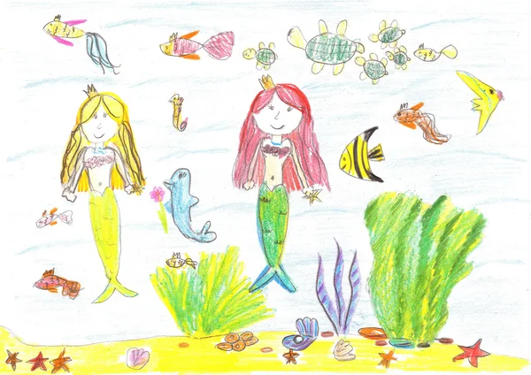 Drawing of a mermaid, fish, turtle, starfish — Stock Photo, Image