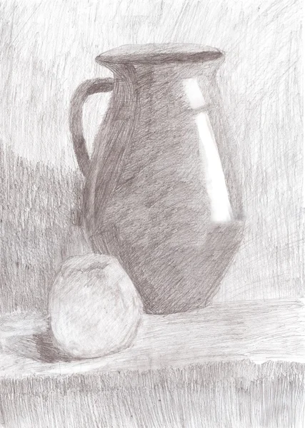 Stillleben zeichnen. Krug und Apfel auf dem Tisch. — Stockfoto