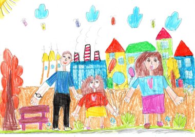 Dışarıda yürürken mutlu bir ailenin çocuk çizimi. Çocukça bir kalem sanatı