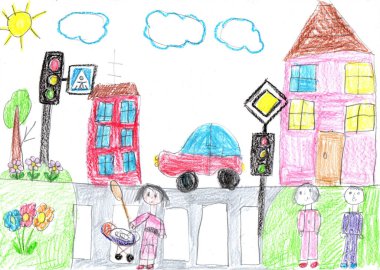 Çocuk binalar ve arabalar çiziyor. Yürüyüşe çıkmış mutlu bir aile. Şehirdeki insanların hayatları. Çocukça bir kalem sanatı