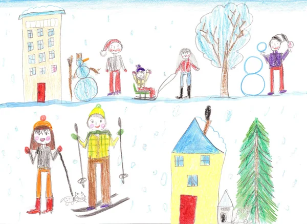 Bambini che giocano, sciano e fanno slittino. Fai un pupazzo di neve. Disegno k — Foto Stock