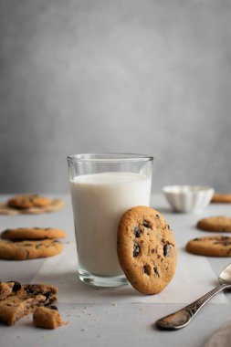 Çikolata parçacıklı taze ev yapımı bisküvi kompozisyonu. Sağlıklı kahvaltı kavramı, bir bardak süt ve açık gri zemin üzerinde pişmiş kurabiyeler kopya alanı ve ürün sunumu, maketi, şablonu için metin yeri.