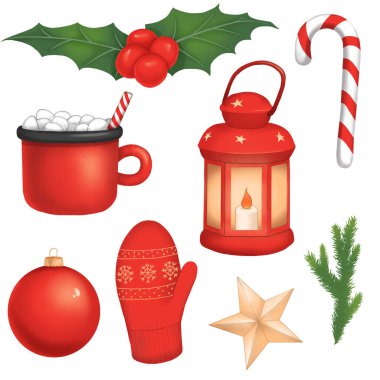 Noel ve Yeni Yıl ikonları, fenerli, kutsal, Noel ağacı dallı, şekerli, bastonlu, altın yıldızlı, süslemeli..