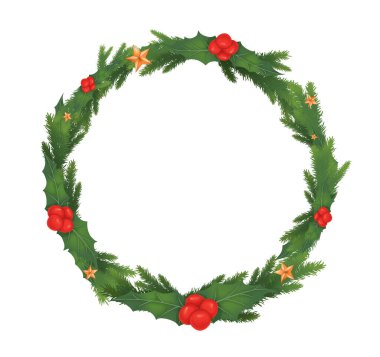 Noel ve Yeni Yıl tebrik kartları ve dekorasyonları için kutsal meyveler, altın yıldızlar ve köknar dallarıyla yuvarlak çerçeve. Noel çelengi. 