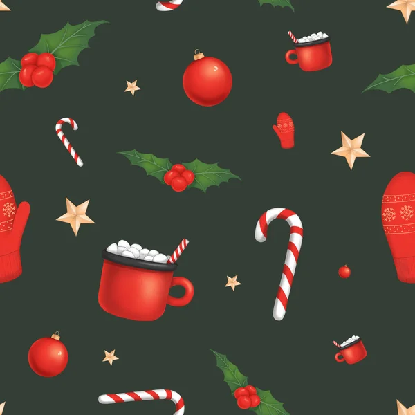 Christmas New Year Seamless Pattern Cup Marshmallow Mitten Candy Cane — Stock Photo, Image