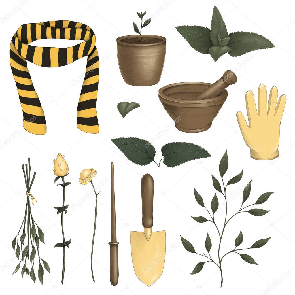 Magic set of illustrations with garden equipment, scarf, leaves, flowers, branch, mortar and pestle, flower pot, shovel, glove, wand.