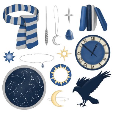 Magic set of illustrations in blue and gold colors with stars, crescent, scarf, wand, tiara, crystal, books, star map, clock, raven. clipart