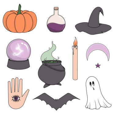 Gri, yeşil ve mor renkli cadı araçlarıyla cadılar bayramı çizimleri. 