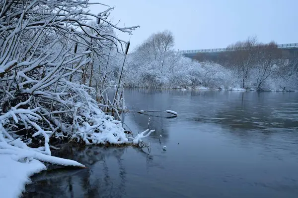 Sněhem Pokryté Keře Odrážejí Řece Upa Během Sněžení Mostu — Stock fotografie