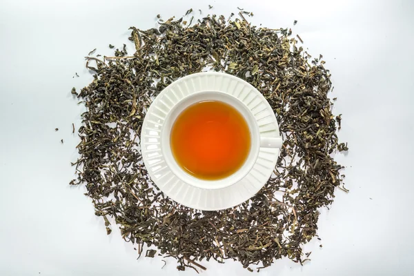 A white cup of tea in the center