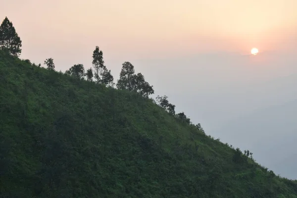 天然日落在田野或草地之上 明亮的天空和黑暗的地面 夕阳西下 风景秀丽的天空下的乡村风景 天空中的太阳地平线温暖的色彩 — 图库照片