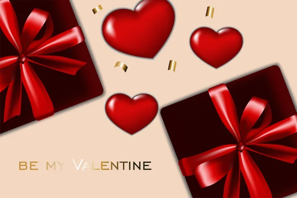 Diseño Romántico Para Día San Valentín Realista Cajas Regalo Rojas — Vector de stock