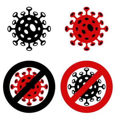 Vektör çizimi. Coronavirus, 2019-NCoV, Covid-19 'u ayarlayın. Soyut kavram CORONAVIRUS 'u durdurun. Düz ana hatlı virüs simgeleri ve dur işareti (karalanmış), beyaz arkaplanda virüs simgesi.