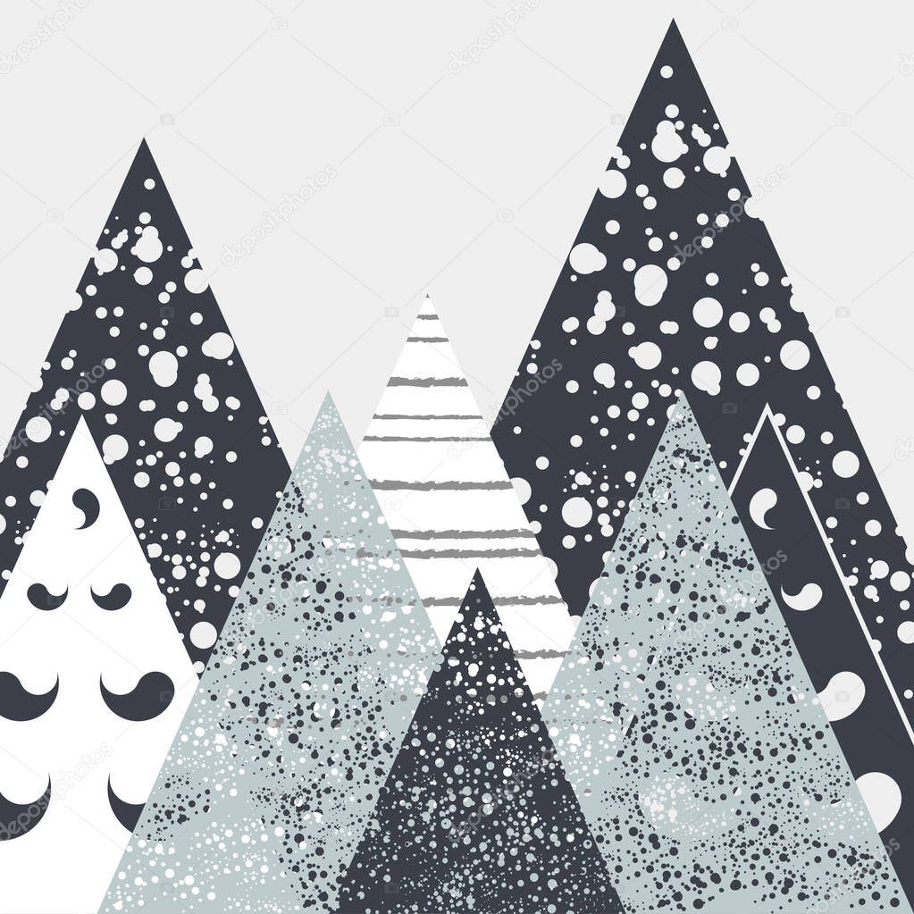 Vector graphics. Perforated winter mountain landscape, winter forest. Stencil, web banner, children's print.