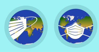 Yüz maskesi takmış renkli bir gezegen. Vektör grafikleri.