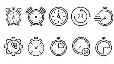 Düzenlenebilir vektör grafikleri. Zaman ve saat simgeleri ayarlandı, zamanlayıcı, hız, alarm, kurtarma, yönetim. Zaman Yönetimi. Üzerinde internet ve cep telefonu sembolleri olan ince çizgili saat..