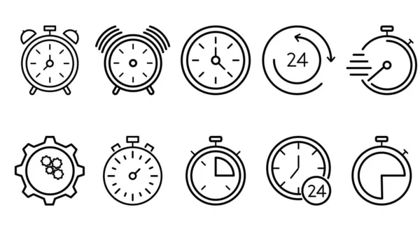 可编辑的矢量图形 时间和时钟图标设置 定时器 时间管理 带有细线符号的时钟 用于互联网和白色背景的手机 — 图库矢量图片