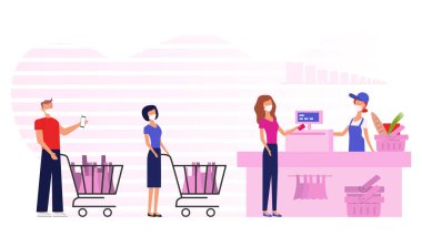 Vektör düzenlenebilir grafikler. Karakterler, tıbbi maskeli müşteriler, alışveriş arabalarındaki mallarla bir süpermarkette kuyrukta bekleyenler, kasadaki harcamaları ödeyenler. Tüketim satışı, 