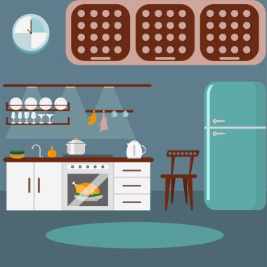 Sıcak renkli düz mutfak. Vektör grafikleri.