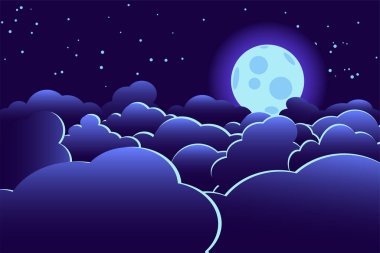 Dolunay yıldızlı gökyüzü bulutlarla kaplı. Vektör grafikleri.