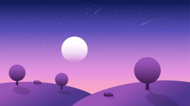 Yıldızlı gökyüzünün altındaki tepelerin üzerinde şafak vakti. Vektör illüstrasyonu.