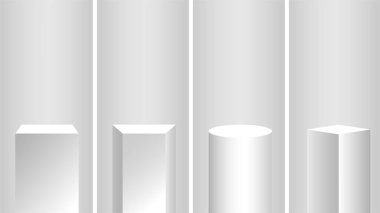 Üç boyutlu görüntüler için gerçekçi podyum, kaide, duruş, yuvarlak, kare ve dikdörtgen sahne. Arka plandaki geometrik galeri kurusıkı demektir. Vektör grafikleri.