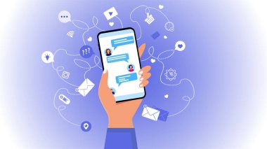 Vektör düzenlenebilir grafikler. Çevrimiçi sohbetin canlı konsepti. Açık bir sohbetle bir el telefonu tutar. Ekran görüntüsü. İletişim, telefonda konuşma, konferans. İletiler, uyarılar için simgeler, 