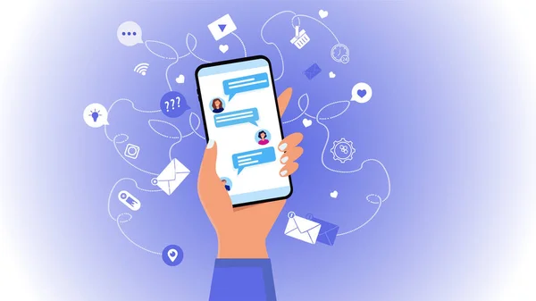 Vektör düzenlenebilir grafikler. Çevrimiçi sohbetin canlı konsepti. Açık bir sohbetle bir el telefonu tutar. Ekran görüntüsü. İletişim, telefonda konuşma, konferans. İletiler, uyarılar için simgeler, 