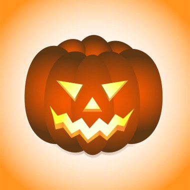 Vektör boyutsuz grafikler. Cadılar Bayramı karakteri. Şirin, komik, parlak balkabağı, gülümseyen balkabağı. Balkabağının içinde parlak bir ışık yanıyor.