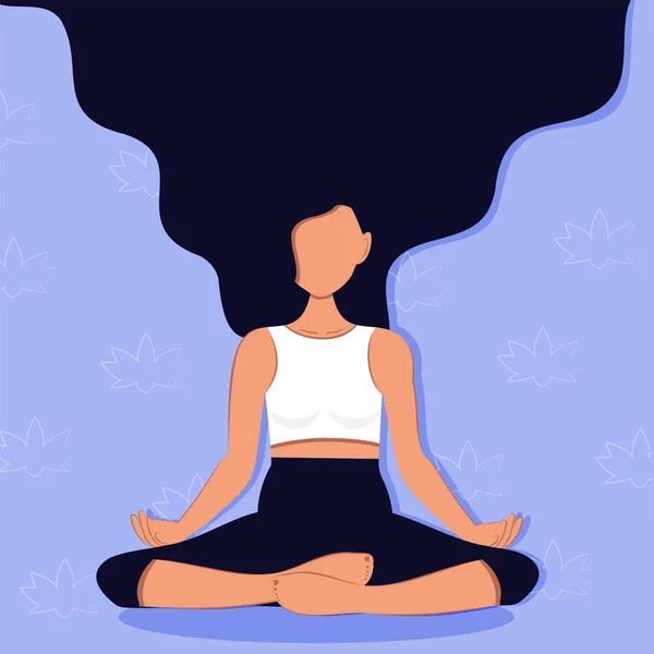 Vektör. Nilüfer pozisyonunda ince bir figürle çizgi film kızı, yoga, saç dalgalanması. Baskı, sosyal medya, afişler, davetiyeler, kapaklar, broşürler için arka plan tasarımı, başlangıç sayfası.