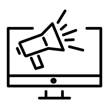 Vektör grafikleri. SEO pazarlama, analitik, reklam, iş ikonu. Doğrusal simge, simge: çevrimiçi reklamcılık. Doğrusal korna, kontur izleyici.